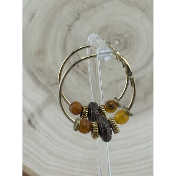 Vintage Beaded Hoop Earrings Amber Brown Bronze Tone Boho Dangle - Picture 3 of 5